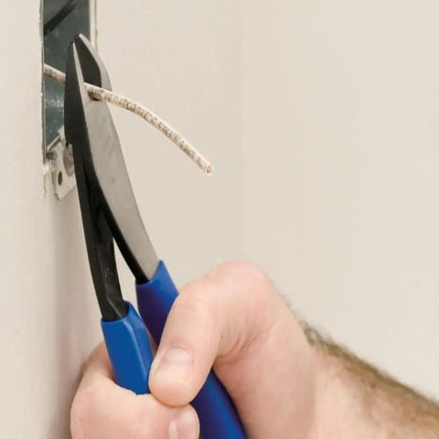 Hand using 8 Inch Diagonal Pliers With Angled Head And High Leverage For Confined Spaces Cut ACSR Screws Nails And Hardened Wire Made In USA