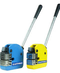 Metal Shrinker And Stretcher Combo Pack With Dual Bodies And Jaws, 2.5 Inch Throat, shown in blue and yellow, bench-mounted tools.
