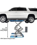 Shop Beast Commercial Scissors Lift, 9000 Lb Auto Garage Hoist lifting an SUV to 78" height with adjustable width.