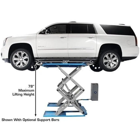 Shop Beast Commercial Scissors Lift, 9000 Lb Auto Garage Hoist lifting an SUV to 78" height with adjustable width.