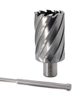 Oscarbide annular cutter, 1-9/16 in diameter, 2 in depth of cut, 3/4 in Weldon shank; 2-piece mag drill bit with pilot pin (front view)