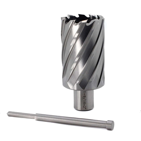Oscarbide annular cutter, 1-9/16 in diameter, 2 in depth of cut, 3/4 in Weldon shank; 2-piece mag drill bit with pilot pin (front view)