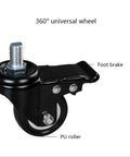 Close-up of 360° universal wheel with PU roller and foot brake for quad monitor arm floor cart.