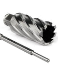 Angled view of OSCARBIDE annular cutter with 3/4 in Weldon shank; 1-1/4 in cut dia, 2 in depth, on magnetic drill press.