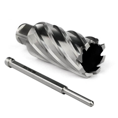 Angled view of OSCARBIDE annular cutter with 3/4 in Weldon shank; 1-1/4 in cut dia, 2 in depth, on magnetic drill press.
