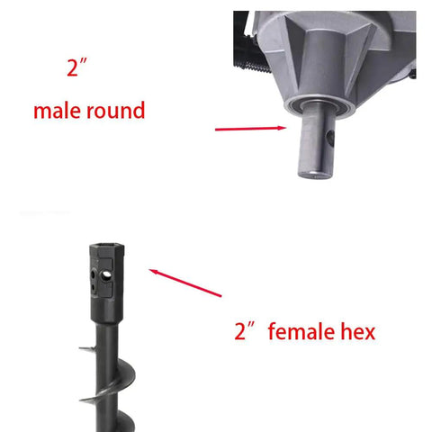 Heavy Duty 2 Inch Round Female To 2 Inch Hex Male Auger Shaft Adapter Bit Converter shown with a drill attachment.