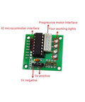 Close-up of green board for Six Sets Stepper Motor Drive Module with ULN2003 Interface showing labeled interfaces and lights.