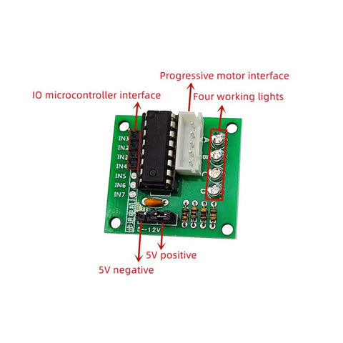 Close-up of green board for Six Sets Stepper Motor Drive Module with ULN2003 Interface showing labeled interfaces and lights.