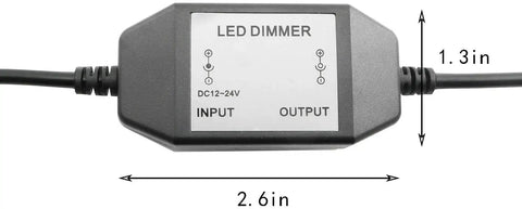 Dope Little LED Dimmer Switch With Knob Controller For Single Color DC 12V 24V LED Strips showing input and output connections, 2.6x1.3in