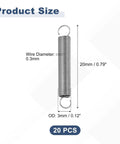 Hella Durable Pack Of Twenty Stainless Steel Extension Springs With Heavy Duty Dual Loop Hooks For Quick Furniture Fixes And Reliable Repairs Measuring Point Three Millimeter Wire By Three Millimeter Width By Twenty Millimeter Span product size illustration with dimensions and gauge.