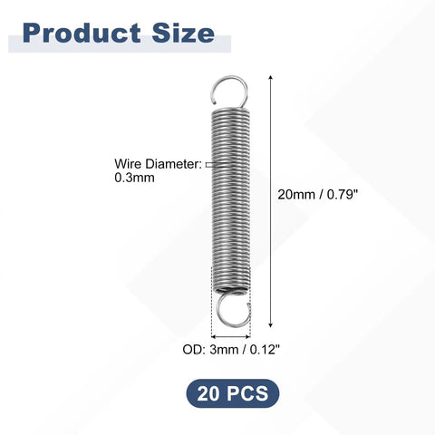 Hella Durable Pack Of Twenty Stainless Steel Extension Springs With Heavy Duty Dual Loop Hooks For Quick Furniture Fixes And Reliable Repairs Measuring Point Three Millimeter Wire By Three Millimeter Width By Twenty Millimeter Span product size illustration with dimensions and gauge.
