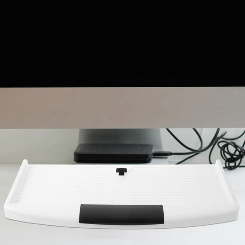 Slick Under Desk Keyboard Tray With Smooth Slide Out Drawer And Ergonomic Wrist Rest, featuring a sleek white design with a black wrist rest.