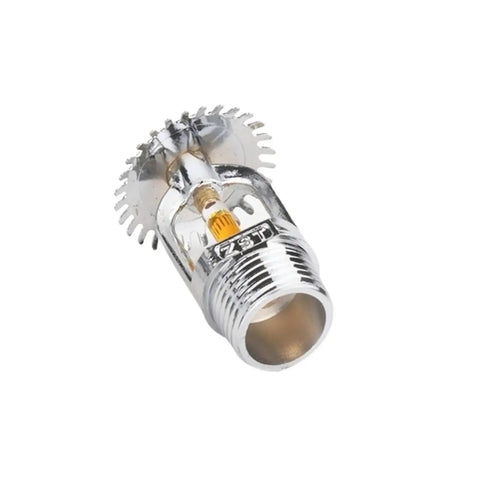 Top Shelf 2 Pack Fire Sprinkler Heads One Half Inch Copper Body Upright Style 135F Temp Rating viewed from the side with chrome finish.