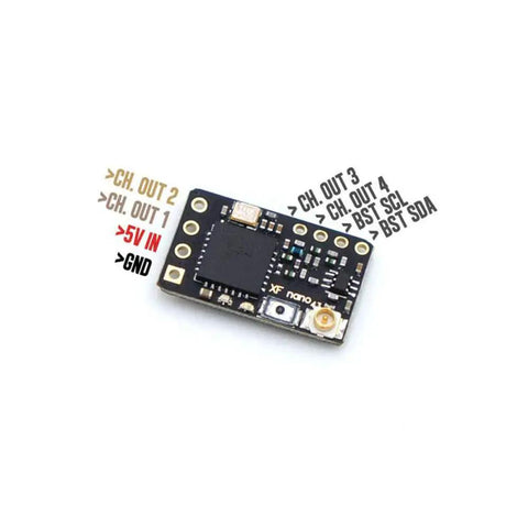 Crossfire Nano RX Long Range UHF FPV Receiver for Drones and RC Crafts, showing connection pins and compact design