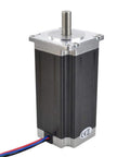 Front view of NEMA 23 bipolar stepper motor with black aluminum body, silver top, 4-wire cable.