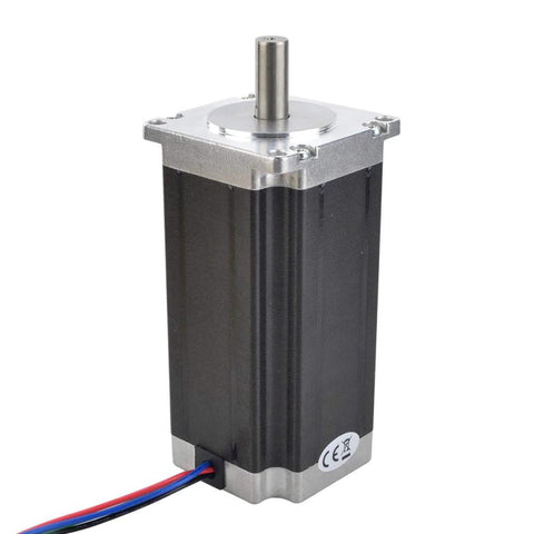 Front view of NEMA 23 bipolar stepper motor with black aluminum body, silver top, 4-wire cable.