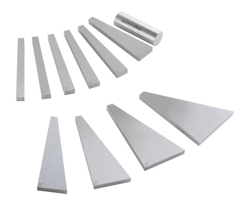 Accusize 10-piece precision angle block set in steel with storage cylinder.