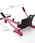 Pink hoverkart attachment with adjustable frame, 360 degree swivel wheel, ergonomic seat for 6.5, 8, and 10 inch hoverboards.