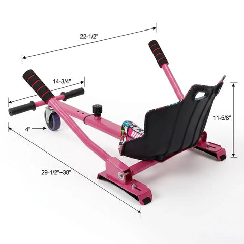 Pink hoverkart attachment with adjustable frame, 360 degree swivel wheel, ergonomic seat for 6.5, 8, and 10 inch hoverboards.