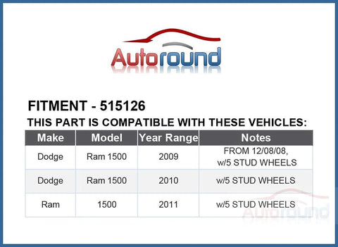 Compatibility chart for Beefed-Up Front Wheel Bearing Hub Assembly 515126 for Dodge Ram 1500 2009 2010 2011 with 5 stud wheels.