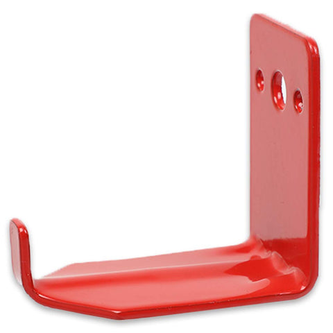Heavy Duty Fire Extinguisher Mount Wall Bracket for 5 to 40 lb Extinguishers, red iron bracket shown with mounting holes