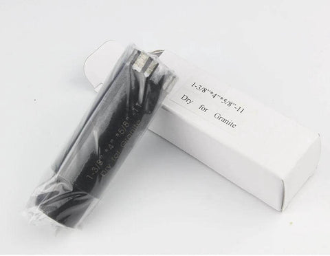 Side view of black 1-3/8 in dry diamond core drill bit with 5/8-11 thread for granite, in plastic wrap.