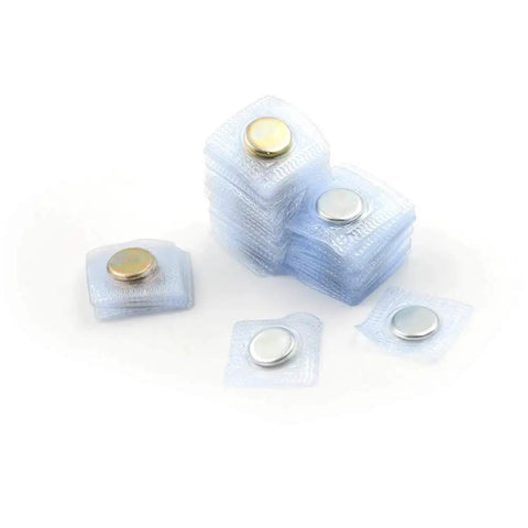 Totally Invisible Hidden Magnetic Snap Buttons 10 Sets 18 mm PVC covered round fasteners stacked in packs for craft use.