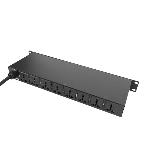 Ten Outlet Power Sequencer Conditioner With USB Charging Port view showing 10 AC outlets in a black metal housing for DJ gear.