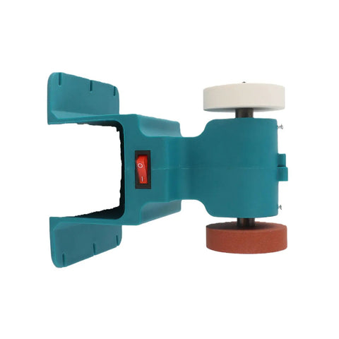 Boss Level Mini Bench Grinder With 18V Cordless Battery for smooth metal finishing, featuring blue housing and two grit wheels.