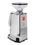 Rock Solid Hella Quiet Espresso Grinder Featuring Precision 65 Mm Flat Burrs And Compact Short Hopper in sleek chrome finish.