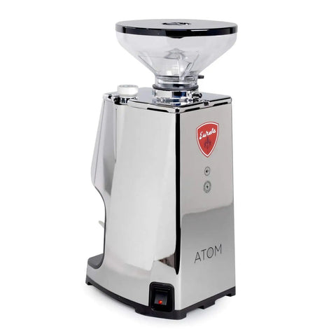 Rock Solid Hella Quiet Espresso Grinder Featuring Precision 65 Mm Flat Burrs And Compact Short Hopper in sleek chrome finish.