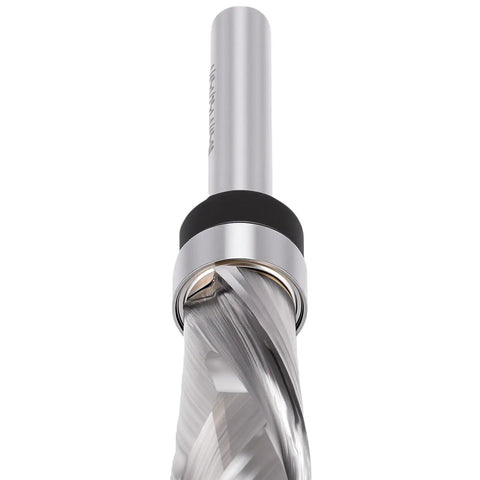 Top Picks Pocreation Compression Flush Trim Router Bit For Precise Woodwork Jobs with 1/4 Inch Shank And 1/2 Inch Cutting Diameter To Get That Smooth Finish You Need Fast, angled view of carbide tip.