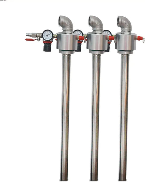 High Performance Stainless Steel Drum Air Operated Oil Transfer Pump. Features Precision Pressure Gauge And Safety Valve. Low Noise Pneumatic Design Perfect For Diesel, Engine Oil, And Industrial Lubricants In Standard 55 Gallon Barrels. Heavy Duty &