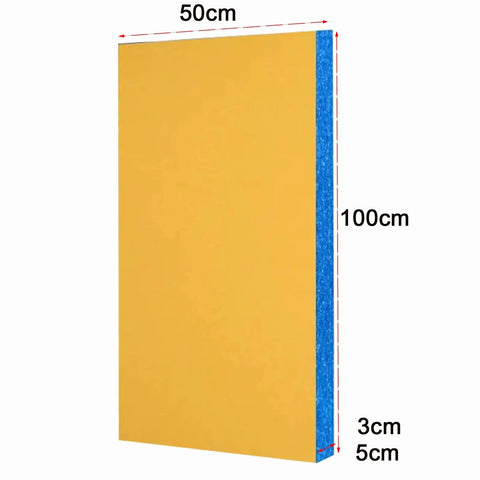 Front view of Solid Build High Density Acoustic Foam Panels Wall Sound Proof Pads Fabric Wrapped Studio Kit, yellow with dimensions.