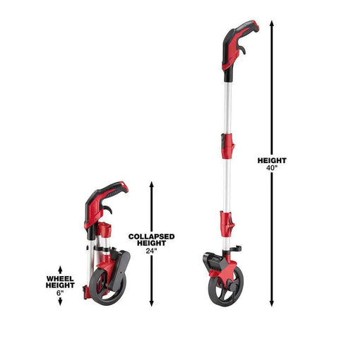 Heavy Duty 6 Inch Measuring Wheel For Construction Sites Built Tough With Reinforced Pivot Top Brake Ergonomic Grip Job Site Ready Precision Distance Tracker Tool, showing collapsed and extended heights.