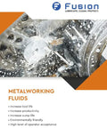 Front view of Fusion metalworking fluids packaging with Fusion logo and orange/gray geometric design.
