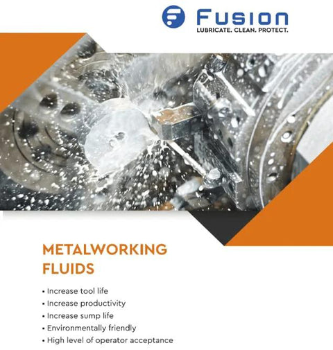 Front view of Fusion metalworking fluids packaging with Fusion logo and orange/gray geometric design.