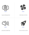 Icon set displaying features of Hardcore 750W Commercial Air Blower With Rock Solid Copper Motor, including low noise and two gear regulation.