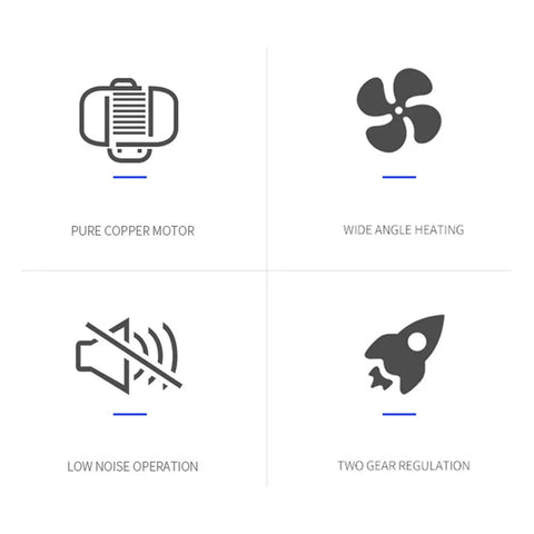 Icon set displaying features of Hardcore 750W Commercial Air Blower With Rock Solid Copper Motor, including low noise and two gear regulation.