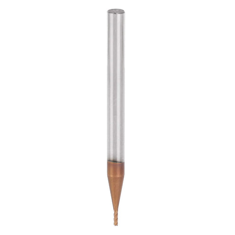 Carbide end mill, 4-flute, 10 mm cutting length; silver shank with copper-colored cutting tip, side view