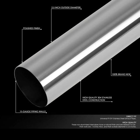 Close-up of polished stainless steel pipe from 16 Piece 2.5 Inch Stainless Steel Exhaust Tubing Mandrel Bend Kit for DIY exhaust.