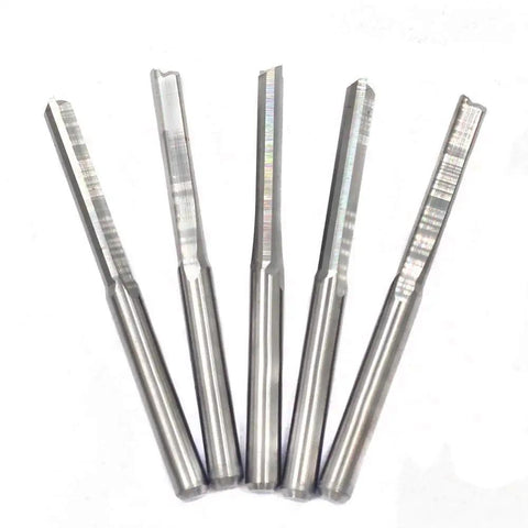 End Mill Set With One Eighth Inch Shank Fifteen Piece Kit Of Solid Tungsten Carbide CNC Router Bits For Engraving Milling Roughing Hollowing And 3D Sculpting Includes Five Two Flute Ball Nose Bits Five Double Edged Straight And Five Single Flute Bits