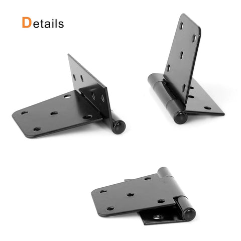 Heavy Duty Black Iron Hinges For Outdoor Barn Shed And Fence Gate Wood Doors 4.5 Inch, showcasing three angles with black finish.
