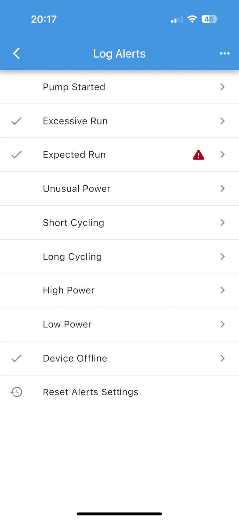 WiFi Sump Pump Monitor And Protector with real-time alerts interface, showing pump status and alert settings on mobile app screen.