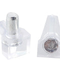 Close-up of Clear Shelf Pins Kit With Metal Pins For Cabinets And Wood Shelves Low Profile Transparent Plastic Brackets