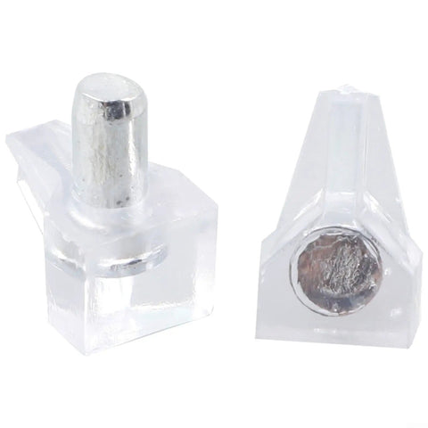 Close-up of Clear Shelf Pins Kit With Metal Pins For Cabinets And Wood Shelves Low Profile Transparent Plastic Brackets