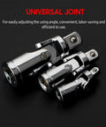 Ultimate 16-Inch Chrome Socket Extension Kit With 4 Adapters And 3 Universal Joints For 1/4 3/8 And 1/2 Inch Drive Auto Garage Repair Projects That Hit The Spot chrome universal joints on black background