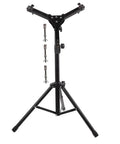 Heavy Duty Adjustable Height Snare Drum Rack With Slick Black Alloy Finish And Detachable Base For Rock Solid Performance On Any Standard Folding Tripod Stands showing adjustable mount and screws.