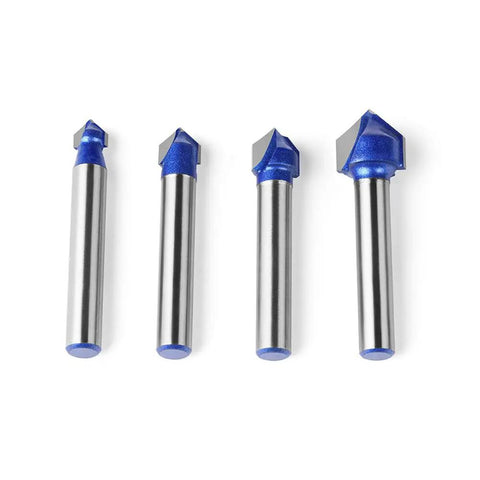Get Your 6mm Carbide Tipped V Groove Router Bit For Smooth Cuts In Wood And Acrylic With Anti Kickback Safety Design Perfect For Solid Hardened Steel End Milling Projects, four carbide bits.