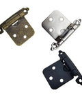 Three types of hinges, including Ten Pack Self Closing Overlay Cabinet Hinges Flush Mount Heavy Duty Cupboard Door Spring Hinges Black